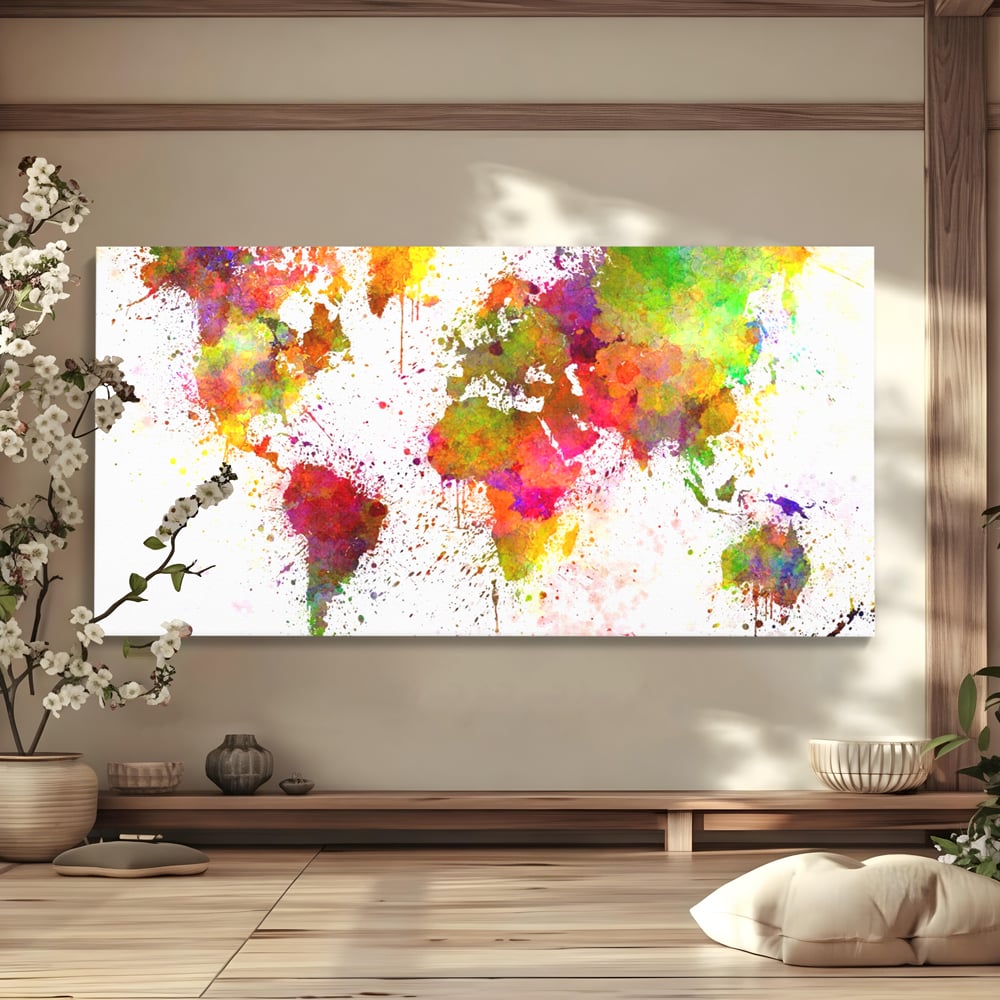 Tablou canvas cu tablou canvas cu harta lumii pictata, fara rama, pe sasiu de lemn